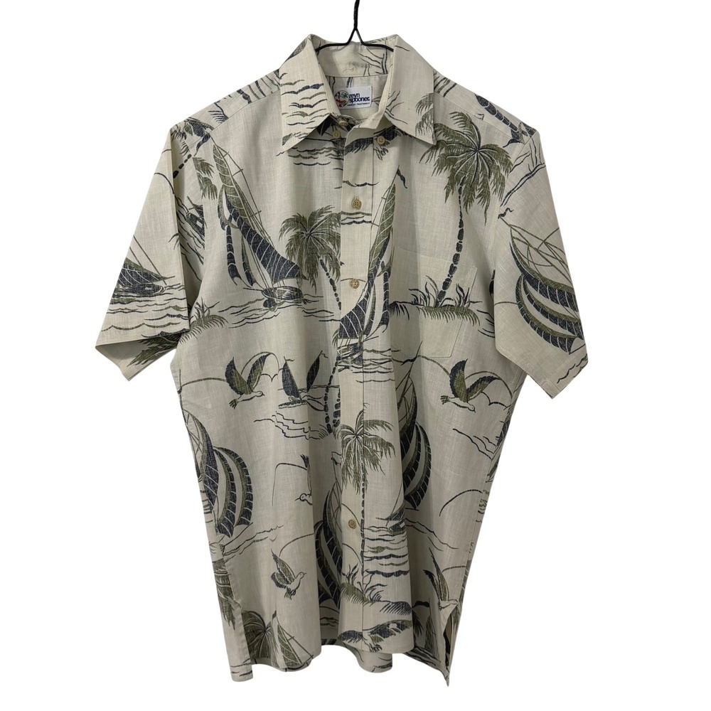 Reyn Spooner Hawaiian Shirt Mens Small Cream Nautical Sailboat Palm Tree Cotton